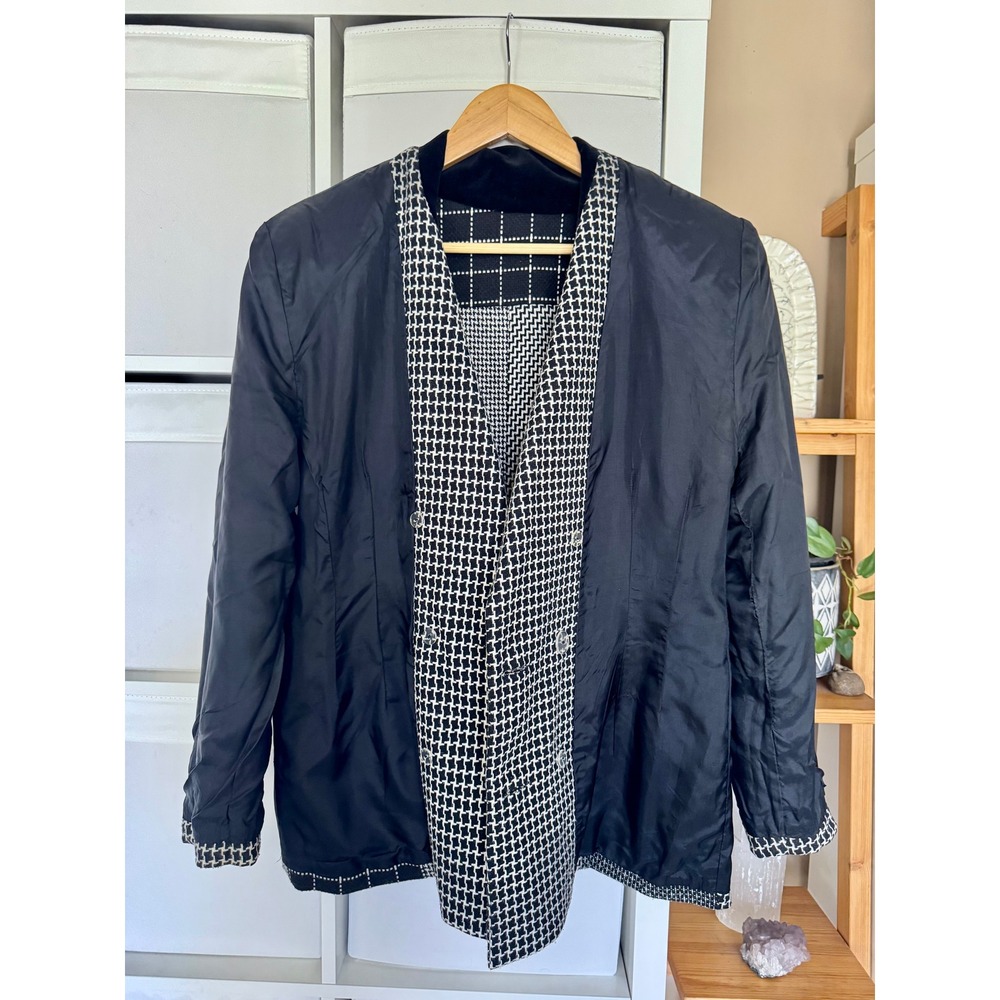 80s/90s Vintage East West Back White Multi Pattern Double Breasted Blazer Large - Picture 8 of 10